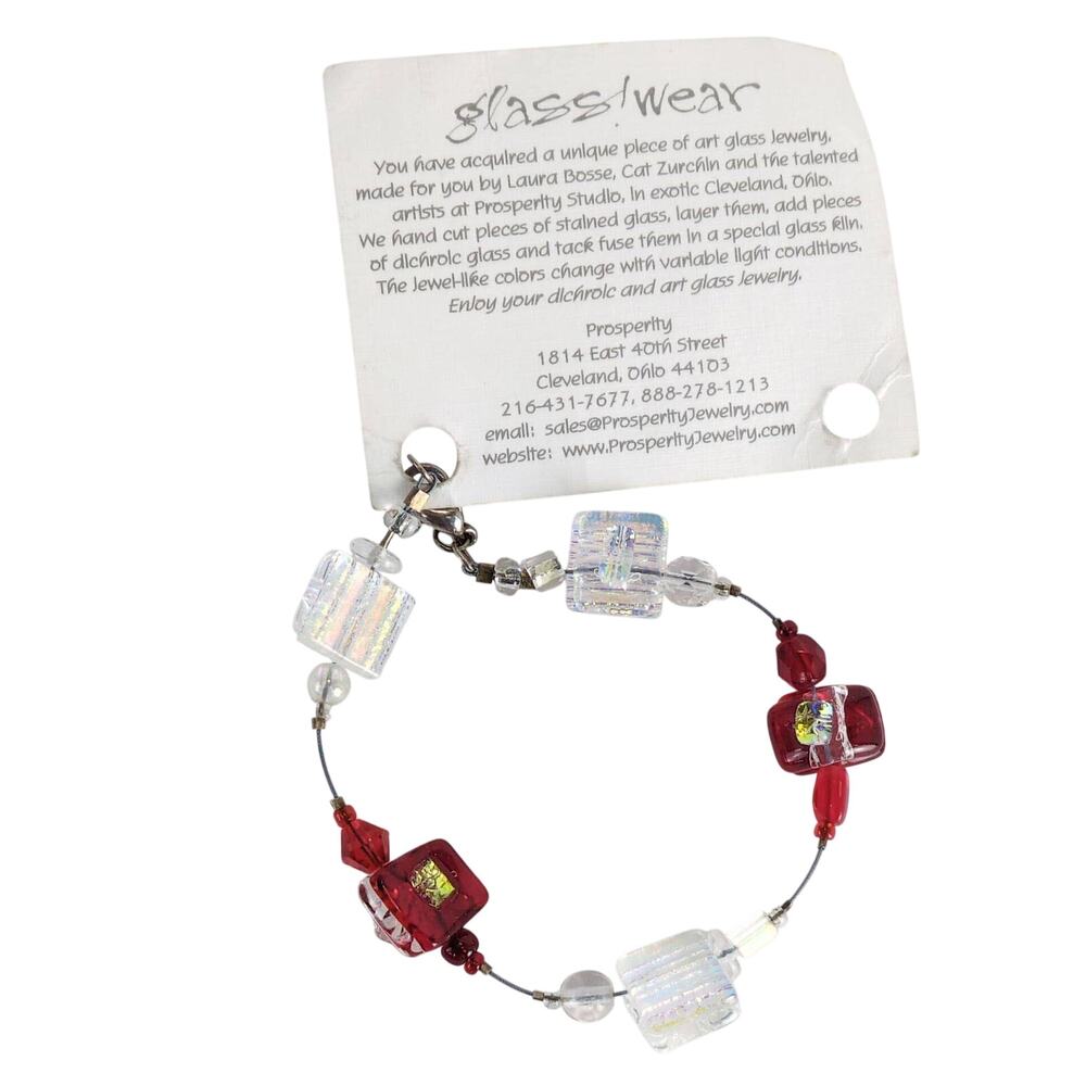Prosperity Studio Dichroic White Red Art Glass Bead Bracelet w/ Tag Cleveland OH